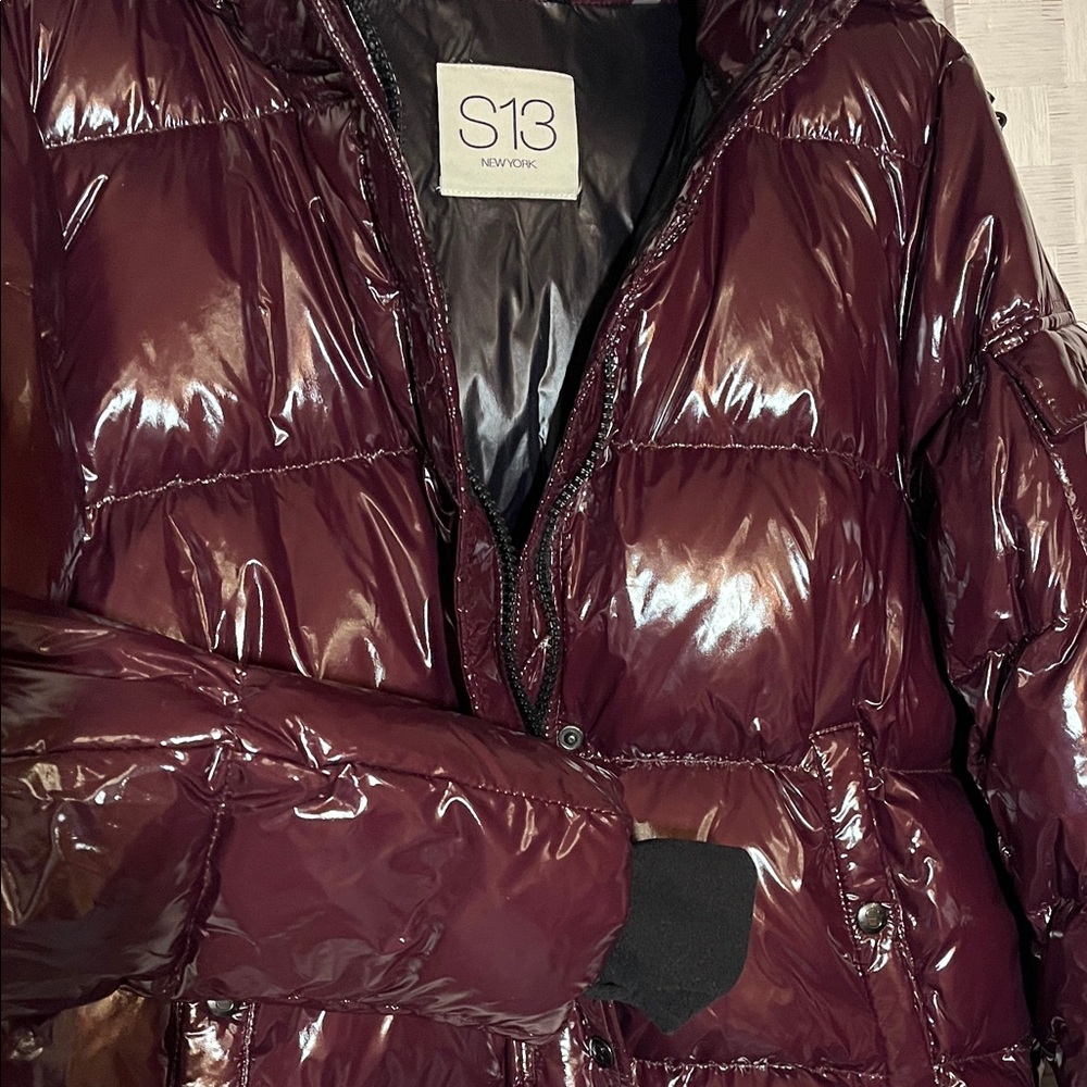 S13 Glossy Maroon Wine Burgundy Puffer Jacket Coat Luxury Size L